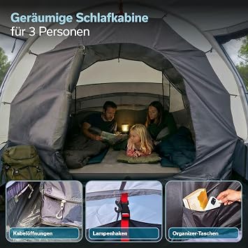 Skandika Tunnel Tent Isken 3-5 Camping Tent for 3-5 People Window with Mosquito Net Sewn-in Base Black Sleeping Cabin Waterproof 3000 mm Hydrostatic Head Canopy Tent Camping Festival