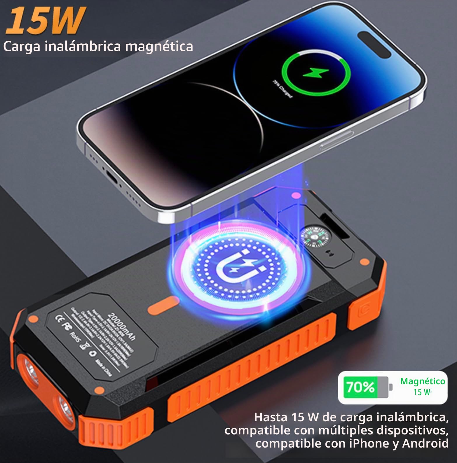 Power Bank Solar 20000mAh con Carga Inalámbrica – Batería Externa Impermeable con Panel Solar, Carga Rápida USB y USB-C, Linterna y Brújula – Cargador Portátil para iPhone, Samsung – QuickPrep