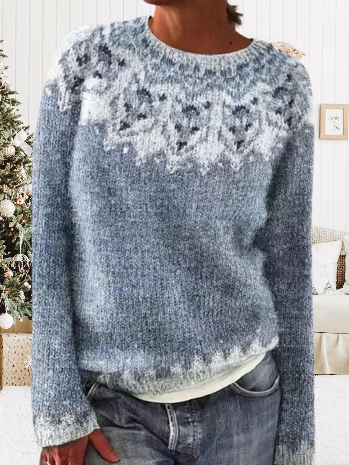 Women's Fair Isle Sweater Long Sleeve Boat Neck Pullover Tops 2025 Vintage Knitted Sweater Tops for Christmas - Image 3