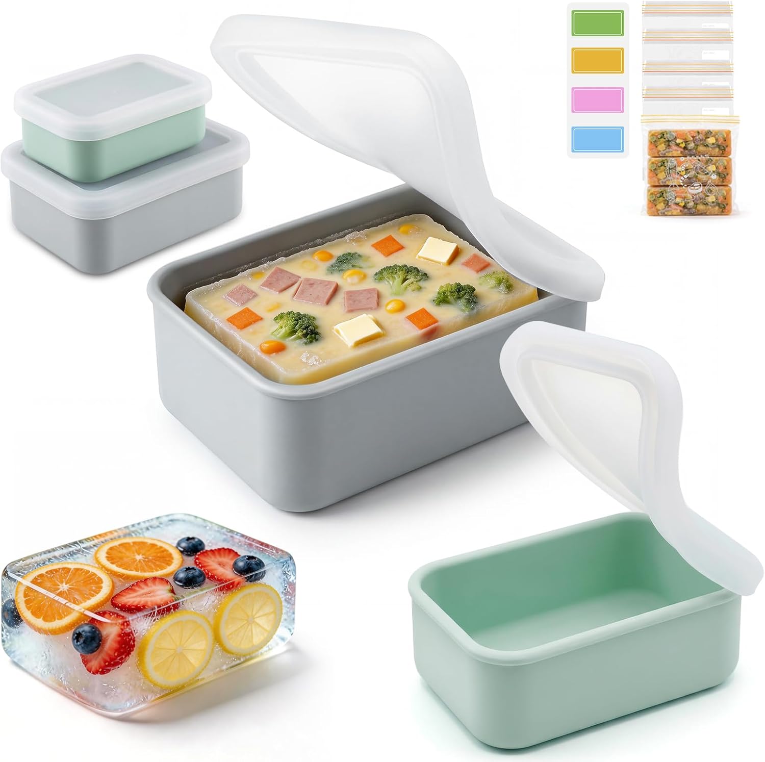 Silicone Freezer Trays with Lid & Freezer Bags, 1-Cup & 2-Cup Soup Freezer Container Molds, Portion Freeze Tray for Meal Prep & Leftovers, BPA-Free Stackable Oven/Dishwasher Safe - 4 Pack