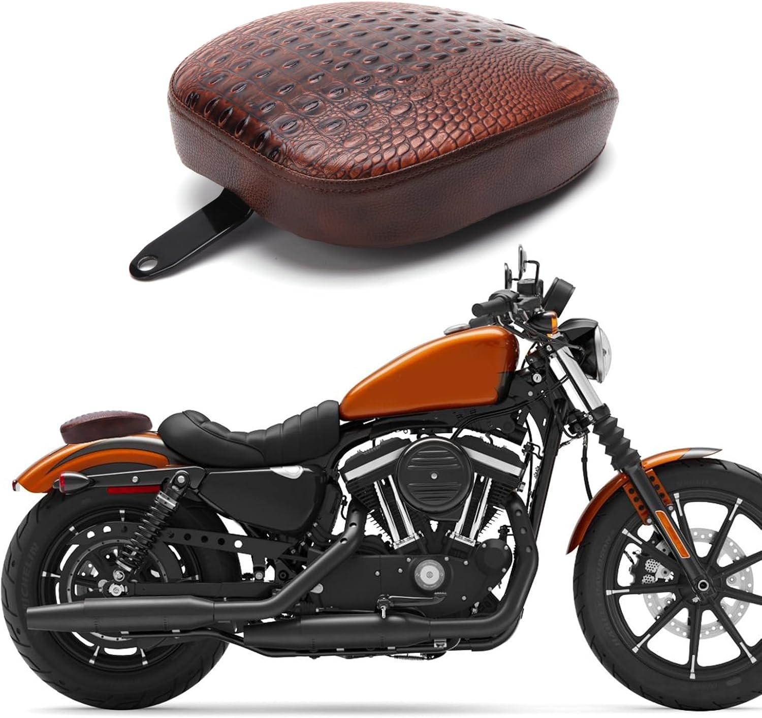 Motorcycle Brown Crocodile Front Driver Solo Seat+Rear Passenger Pillion Pad Compatible with Sportster 48 72 Iron 883 XL883 Forty Eight XL1200 Seventy Two 1200