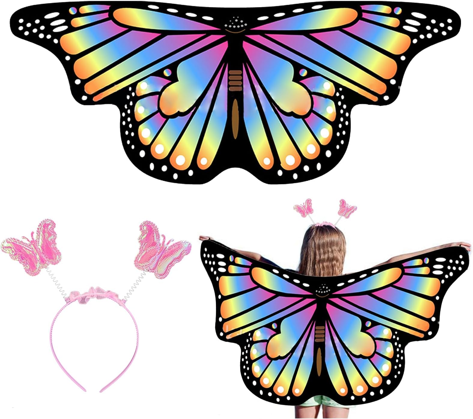 EQLEF Kids Butterfly Wings Cape, Butterfly Fairy Wings with Headband Kids Butterfly Cloak Costume Butterfly Dress Up for Girls Fancy Dress Party Play Party Favor 3-6 Years Old (Rainbow color)