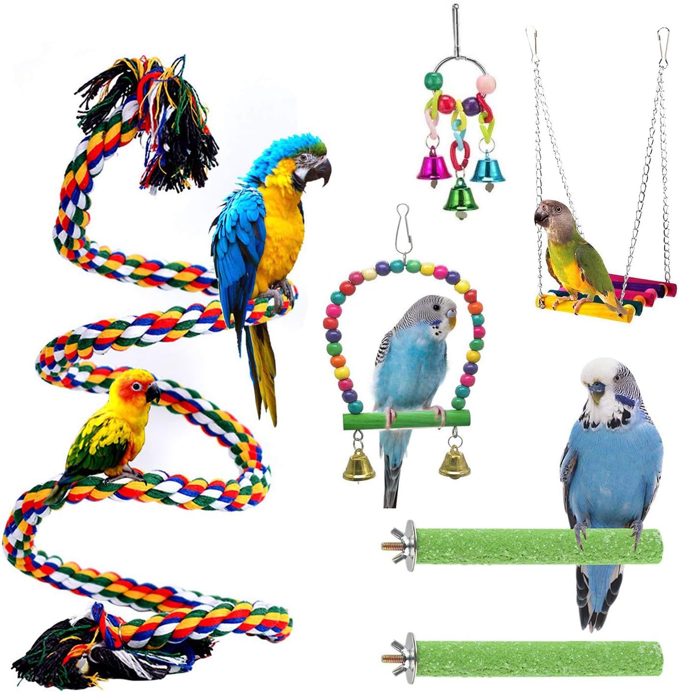 WUZJ 6PCS Bird Toys and Perches Set Bird Rope Perch Bird Cage Hammock Swing Toys Hanging Bell Toy Bird Cage Accessories for Parakeets…
