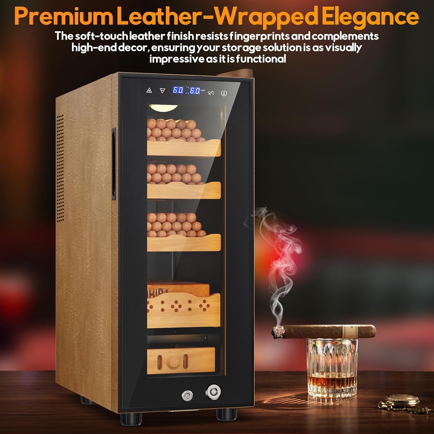 35L Upgraded Electric Humidor with Leather, 250 Counts Large Capacity,Thermostatic Electric Cooler Cabinet with Digital LED Screen, Safety Lock,Smart Humidity & Temp Control, Gifts for Men