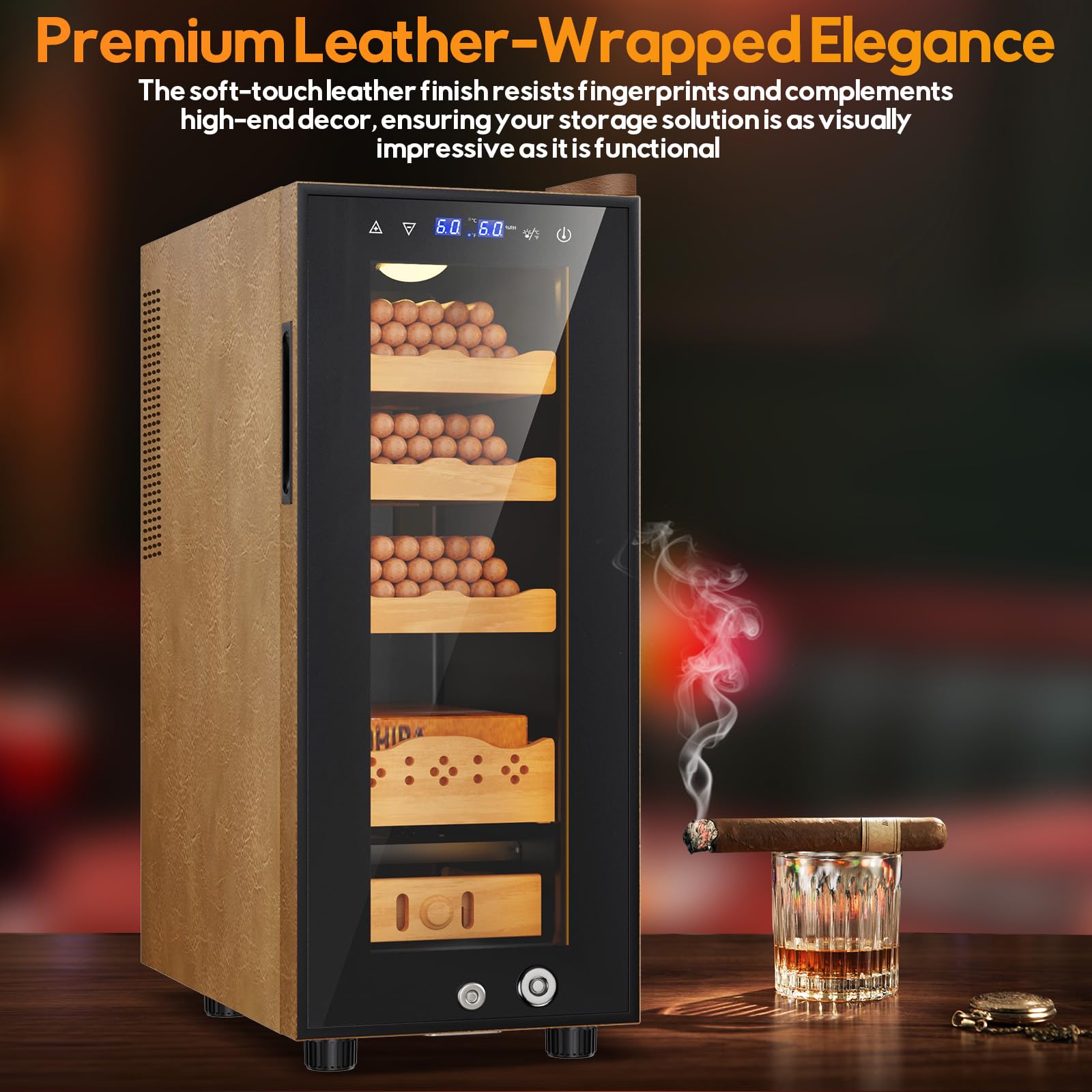 Velieta 35l Upgraded Electric Humidor With Leather, 250 Counts Large Capacity,Thermostatic Electric Cooler Cabinet With Digital LED Screen, Safety Lock,Smart Humidity & Temp Control, Gifts For Men on Fridge.com - View 2