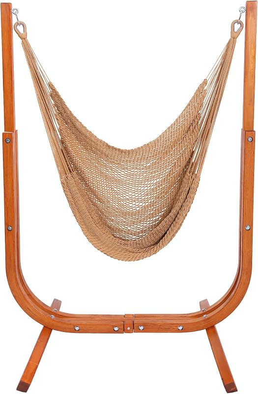 SANIWERKE® Hammock Chair with Stand, Jumbo Haven Lounger, Sturdy Design | Caribbean Hammock Chair and Laminated Wooden Stand Set, 400LBS Capacity, Jumbo 70x50 Inches, Indoor & Outdoor (Soft Tan)