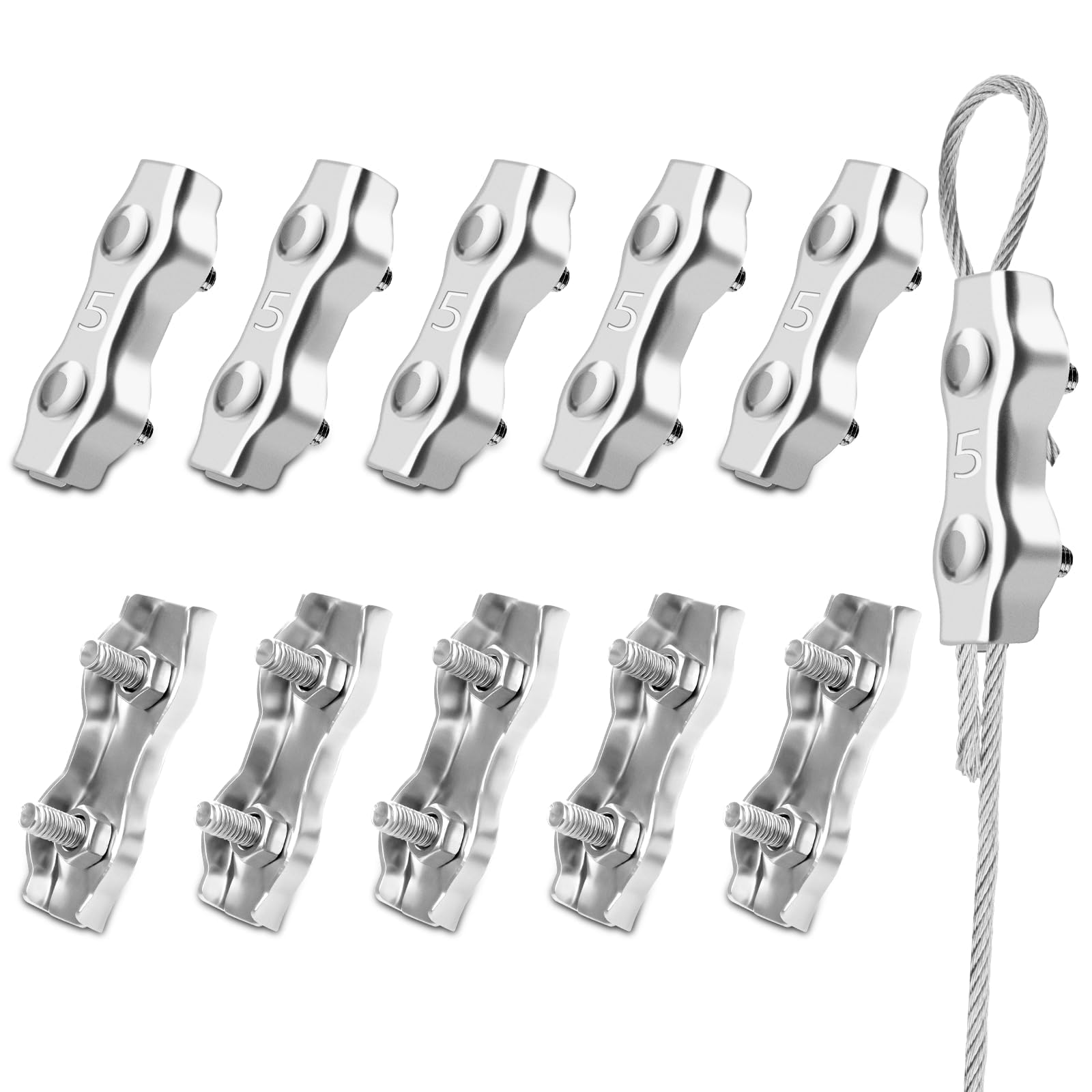 SWTYExt M5 zacisk linowy 10 sztuk zacisków linowych 5 mm łącznik linowy Duplex zacisk stal nierdzewna 304 do liny stalowej 5 mm linka stalowa napinacz do bielizny markizy zamocowany