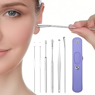 6 Pcs Stainless Steel Ear Pick Set – Purple Leather Pouch – Earwax Removal Kit with Cleaning Brush & Storage Bag