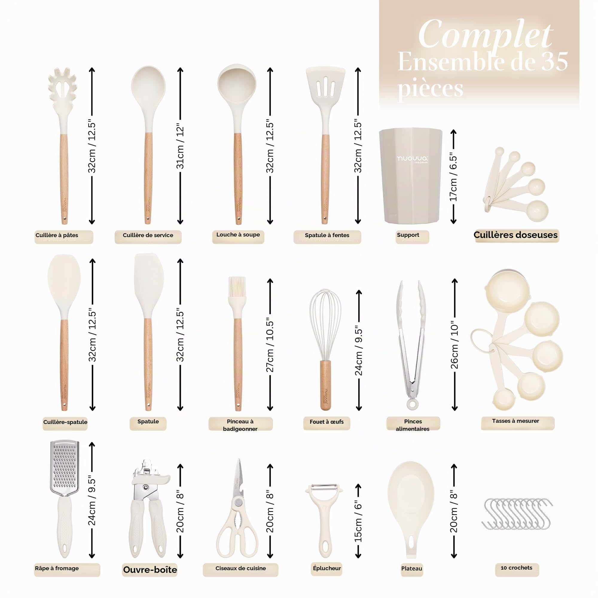 Ustensiles de cuisine antiadhésifs - Ustensiles en silicone résistants à la chaleur avec manche en bois - Ensemble de louches, cuillères et spatules - Outils et accessoires de - 35 pièces, Crème