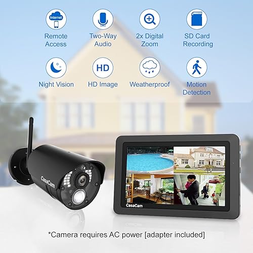 Miniatura 2 de CasaCam Sistema de cámara de seguridad inalámbrica VS802 con monitor de pantalla táctil de 7 pulgadas y 2 piezas. Cámaras HD, audio bidireccional,