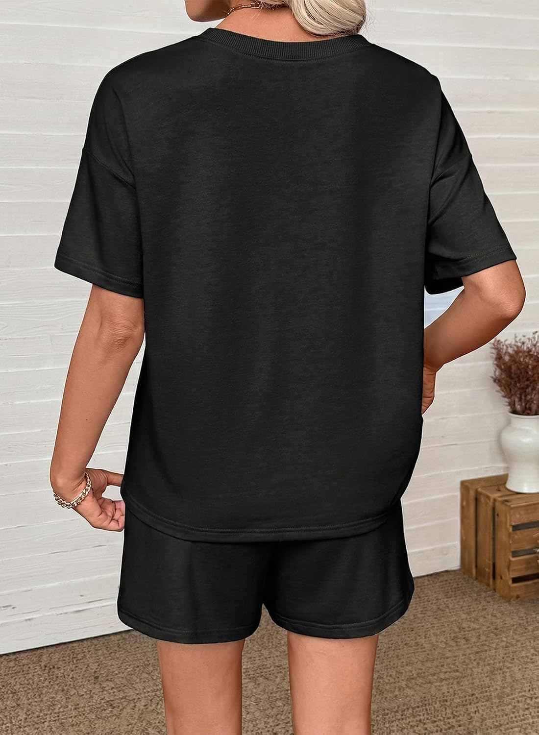 SHEWIN Women's 2 Piece Short Sets V Neck Short Sleeve T-Shirts and Drawstring Shorts Beach Vacation Outfits with Pockets