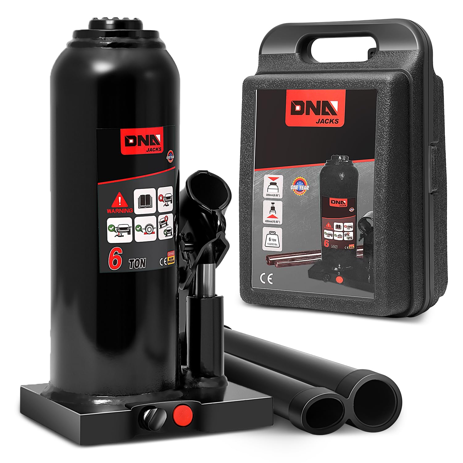 DNA Motoring 6 tons / 13228 lbs Lifting Automotive Welded Hydraulic Bottle Jack for Repair Vehicle, Pickup, Truck, w/Manual Handle, Black, TOOLS-00357