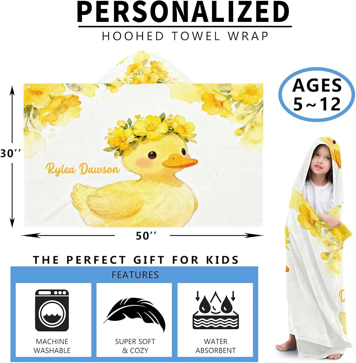 Cute Yellow Duck Floral Personalized Hooded Towel Absorbent Wrap Soft Pool Beach Bath Towels Hood Poncho for 5-12 Years Kids Boys Girls