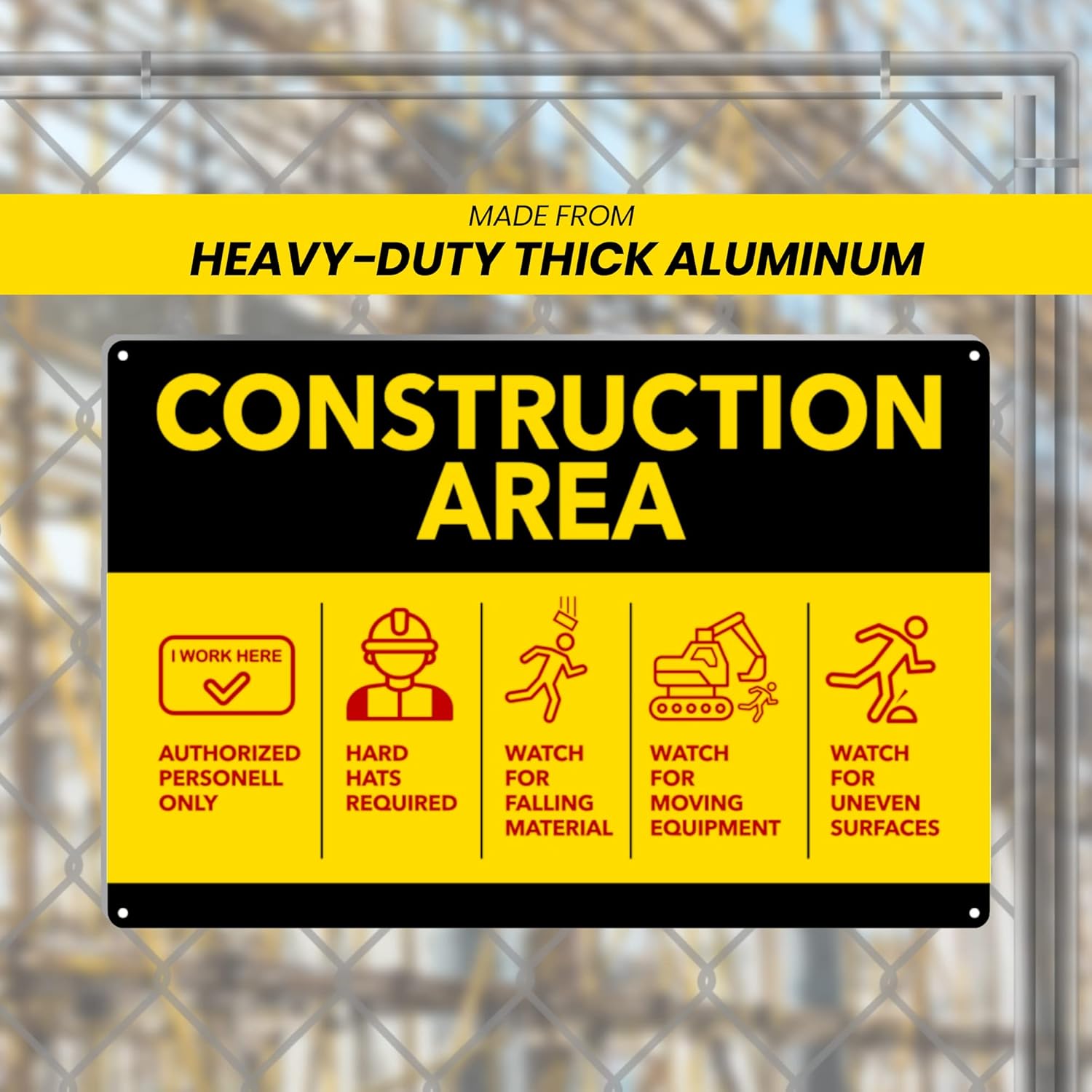 Performore 2 Pack of Construction Area Sign 18" X 12" Yellow Painted Heavy Duty Aluminum with Post Safety Instructions for Workers on Construction Site, Authorized Personnel Only Sign