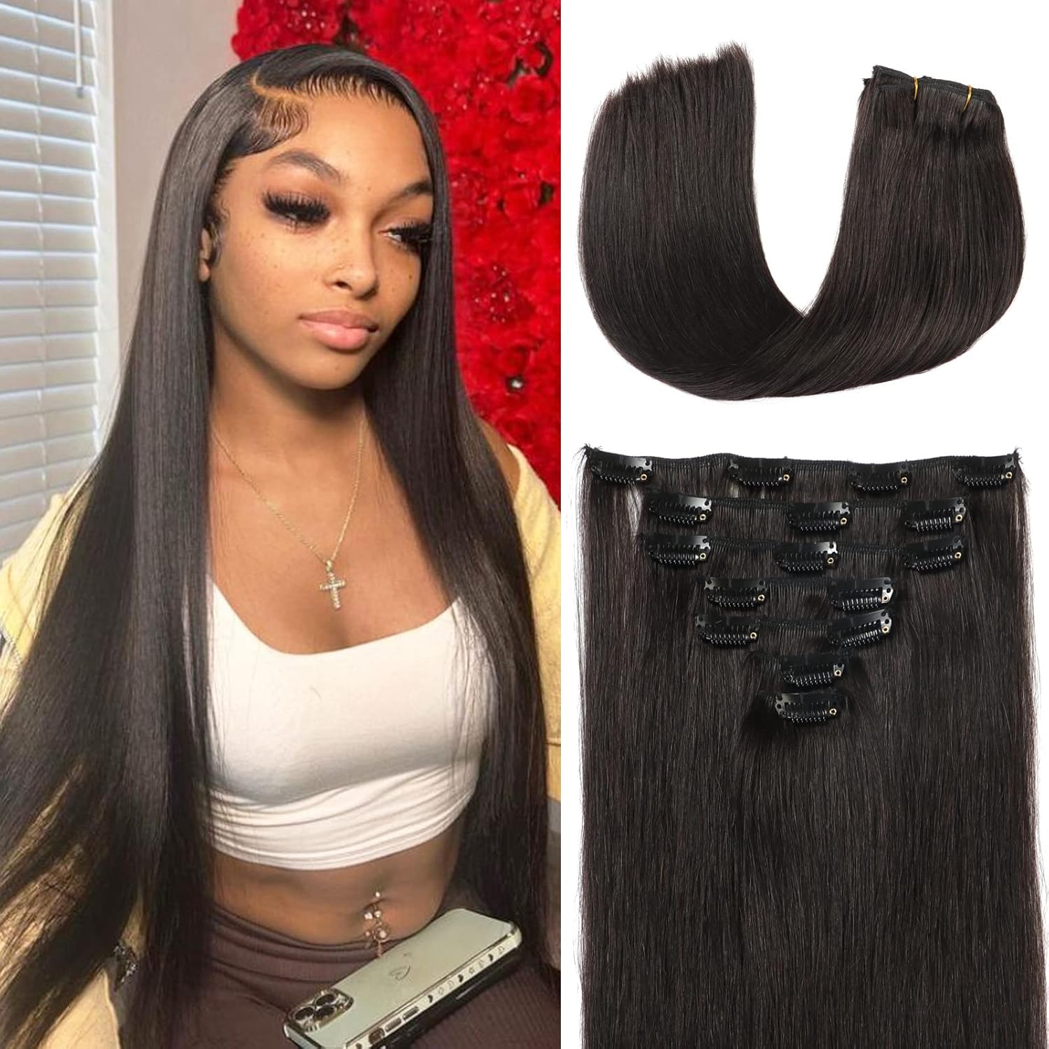 Natural Black Hair Extensions Clip in Human Hair For Women