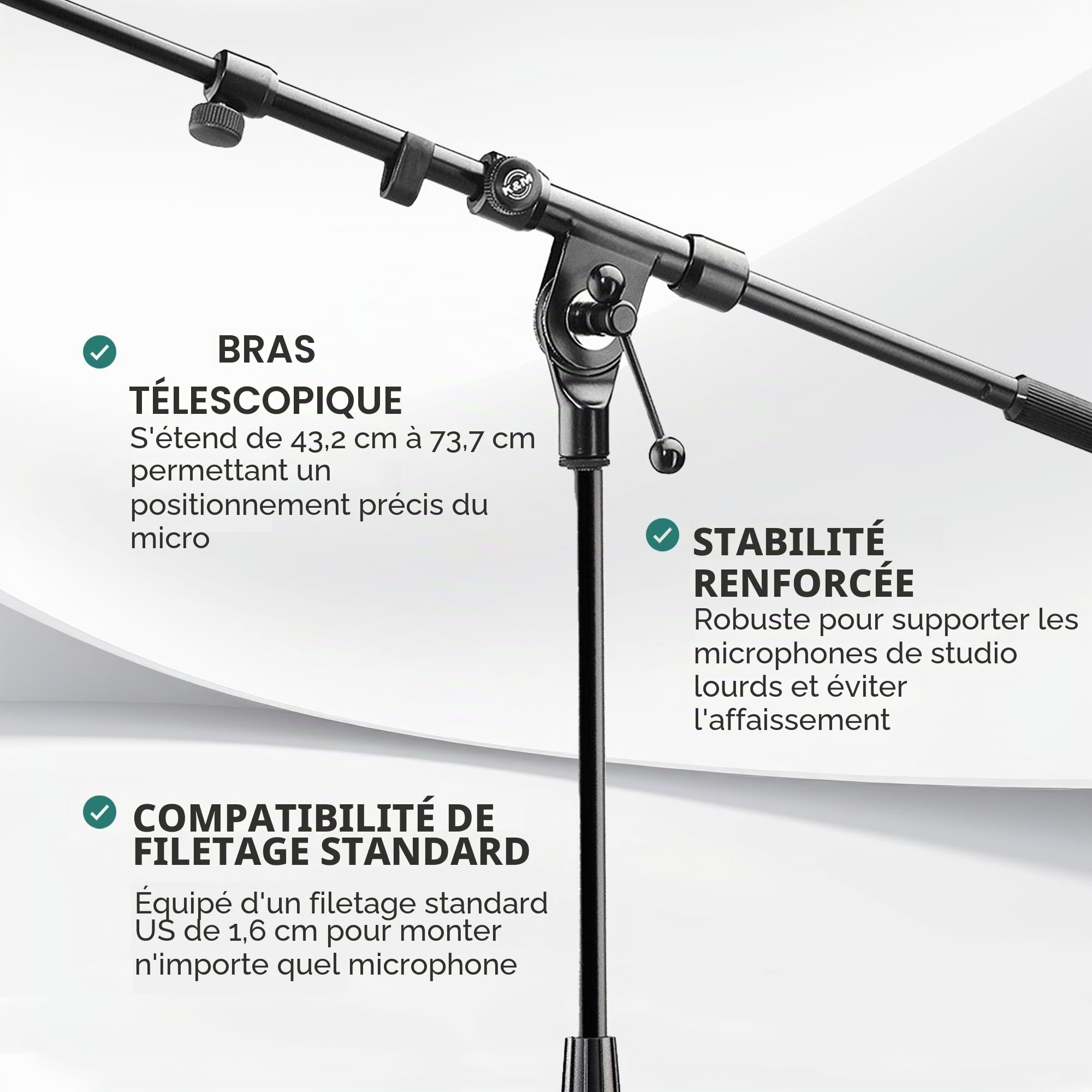 K&M 21090 Pied de micro Noir Acier chromé, bras pivotant, extensible jusqu'à 74,5 cm - 90-160 cm - raccord fileté 3/8