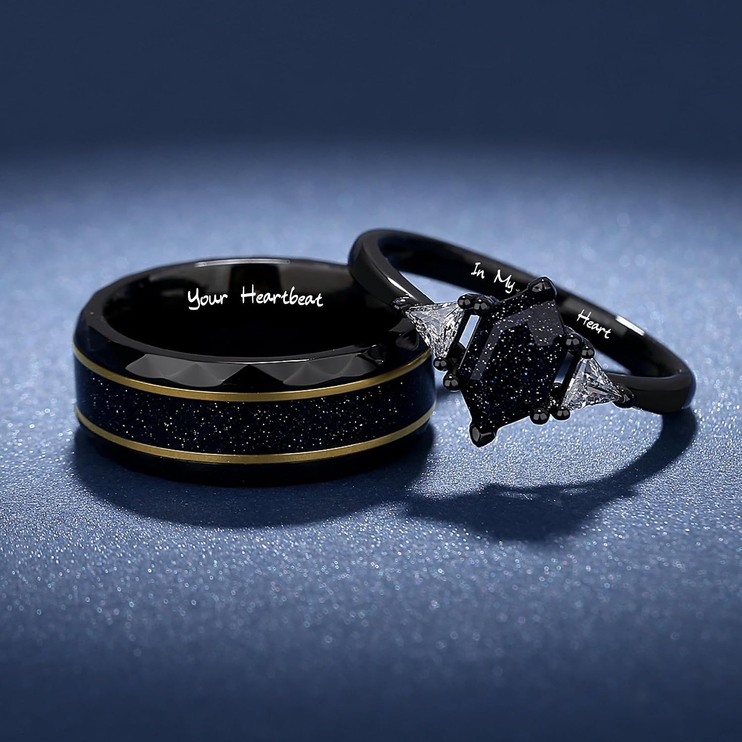 Blue Sandstone Rings for Women, Pear Cut Black Ring with Hexagon Kite and Crown Kite Style Options, Custom Engraved Personalized Ring Gift for Her
