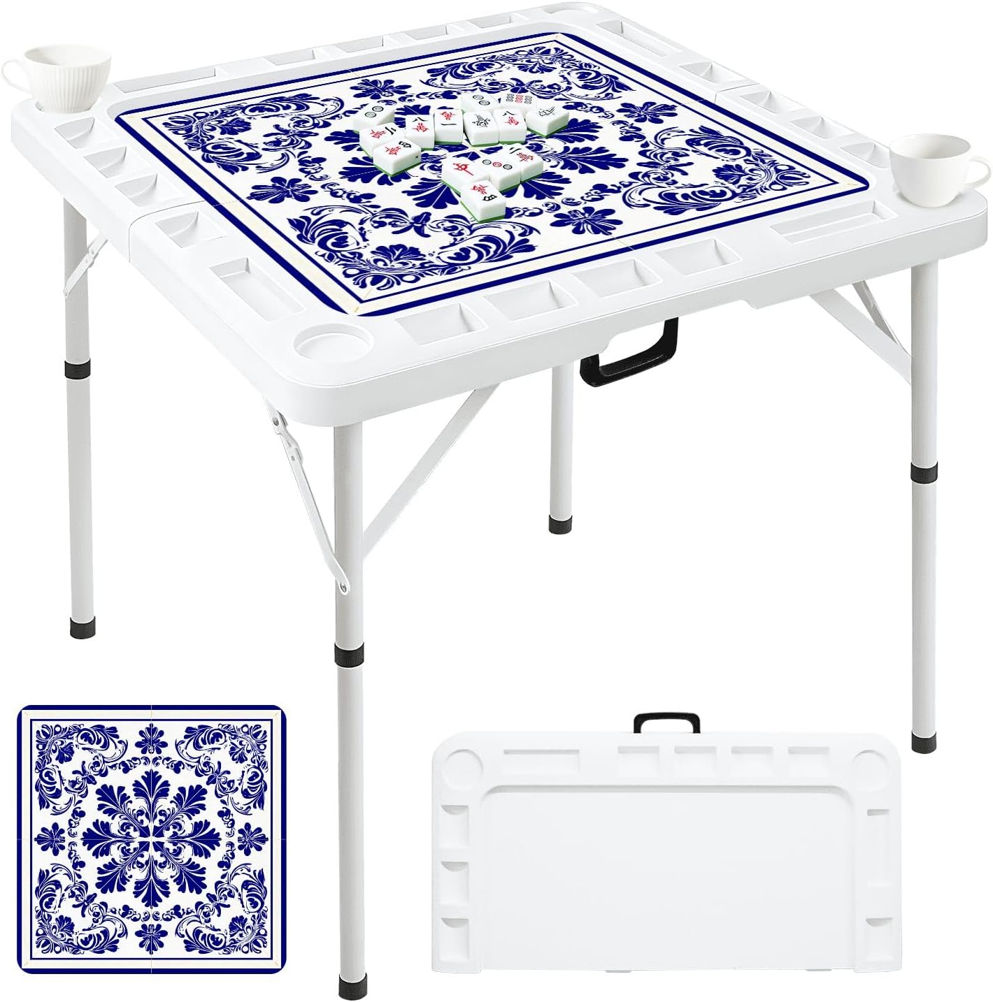 Folding Mahjong Table with Blue White Floral Decorative Tile Intricate Swirls Leaves Wear-Resistant Mahjong Mat, 4 Cup Holders & Chip Trays for 4 Players Square Portable Card Table for Poker Domino