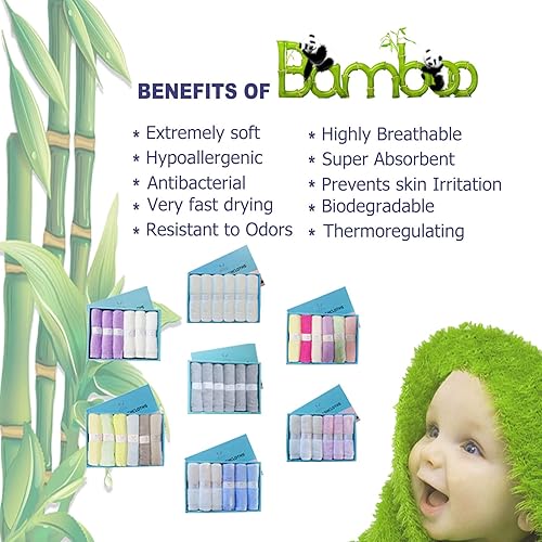 Miniatura 8 de elves Juego de 6 paños de bambú de lujo para bebé, paños de lavado ultrasuaves para cara y cuerpo, toalla pequeña para la cara del bebé niña,