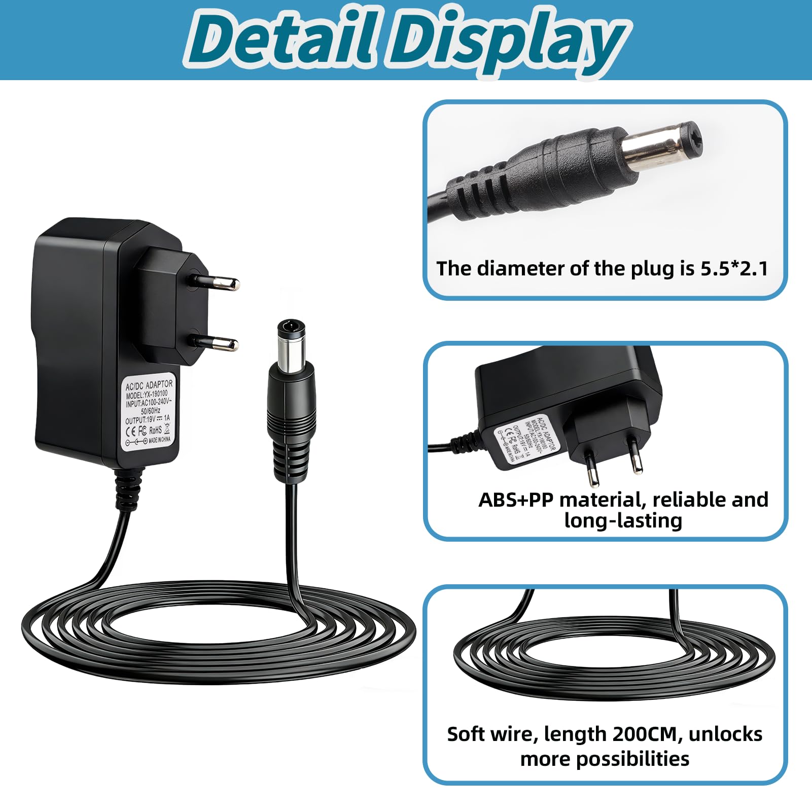 19V 1A Cargador para Conga Cecotec Robot Aspirador Excellence 890 990 750 950 1090 1790 Adaptador con Cable 2M para Aspirador Fuente de Alimentación Friegasuelos Eéctrico — view 4