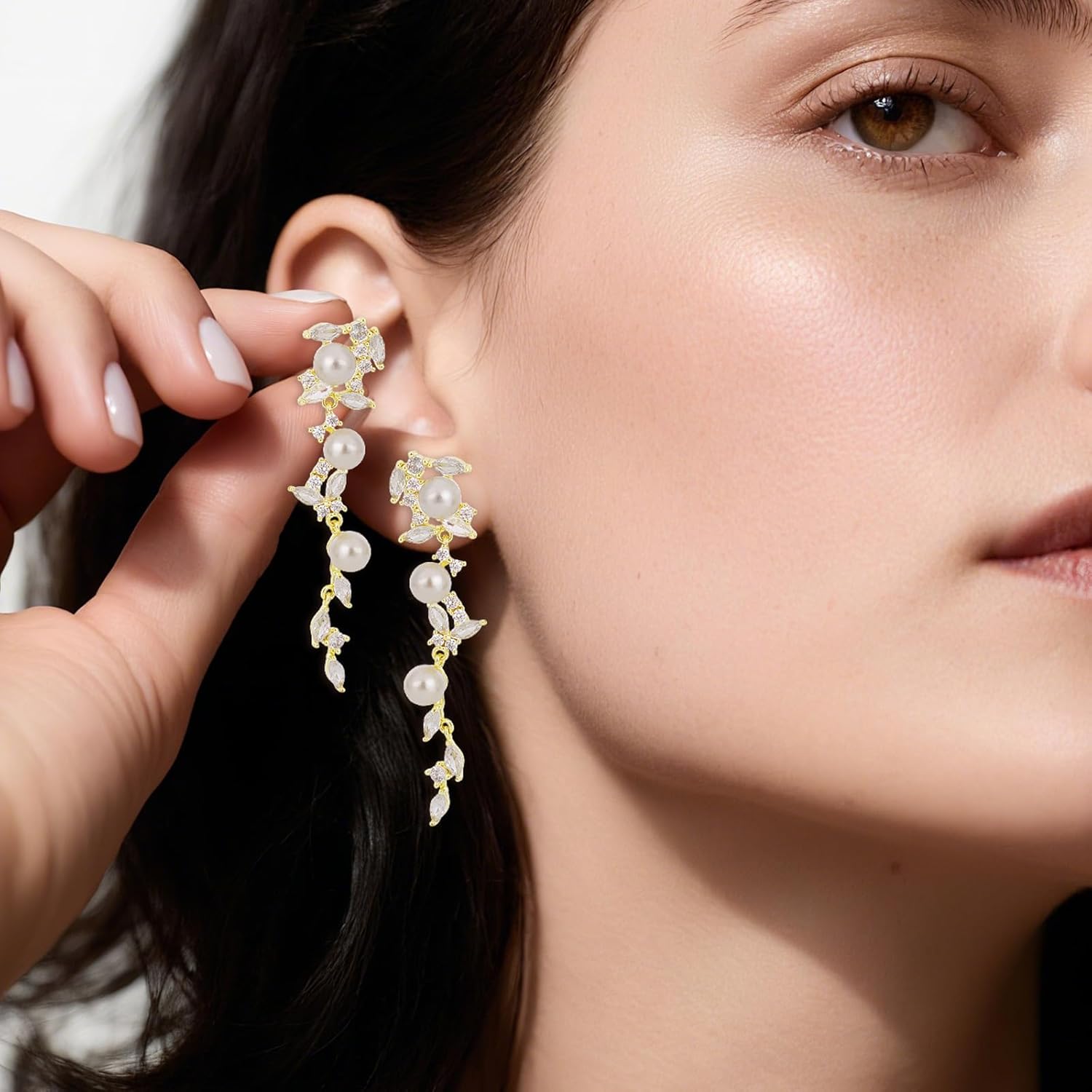 Long Dangle Pearl Earrings, Rhinestone CZ Leaf Butterfly Pearl Dangle Earrings Elegant Bridal Wedding Prom Jewelry Fashion Accessories for Women - Image 6