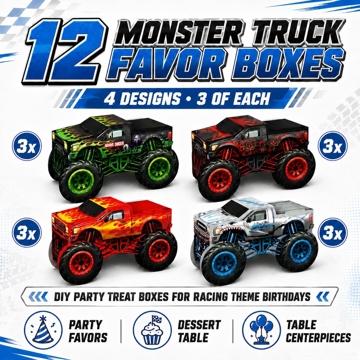 Monster Truck Party Favor Boxes, 12 Pack 3D Treat Boxes for Kids Birthday