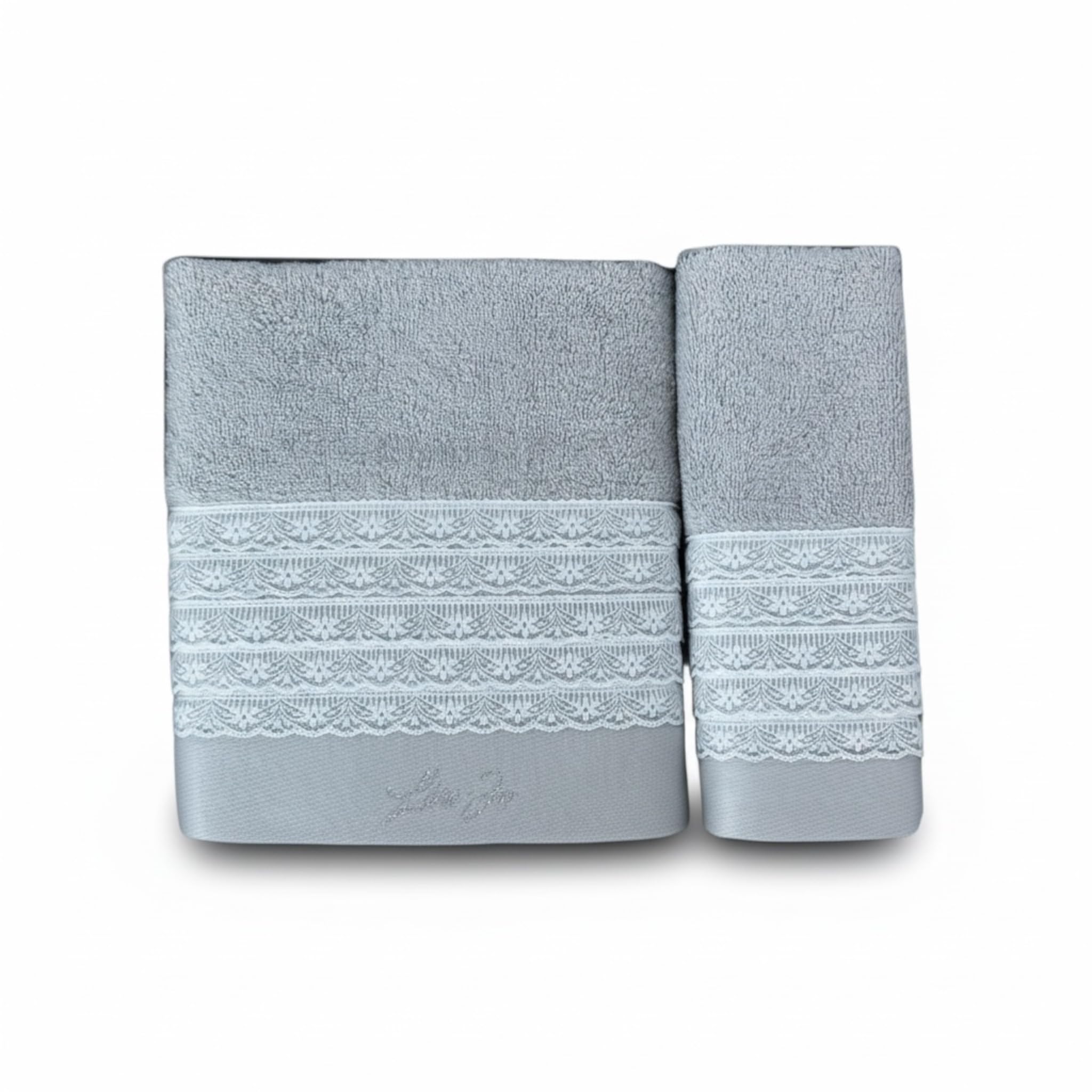 Liu Jo Milano Set Asciugamani Art. Paradiso – Viso 55x100 cm e Ospite 38x58 cm in Spugna 100% Cotone 500 gsm – Con Pizzo e Logo Lurex – In Scatola (Perla)
