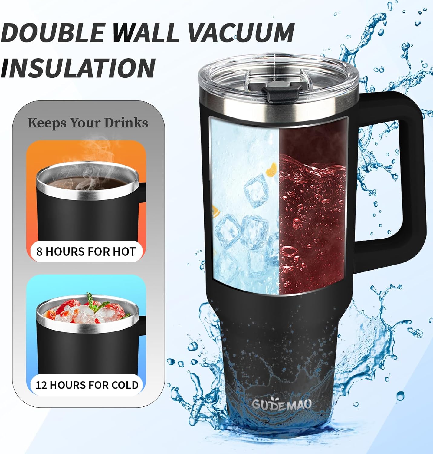 40 oz Tumbler with Handle, Insulated Tumbler with Lid and Straw, Reusable Stainless Steel Vacuum Insulated Cup, 100% Leak Proof Thermal Travel Coffee Mug Cup for Cold and Hot (Black) - Image 4