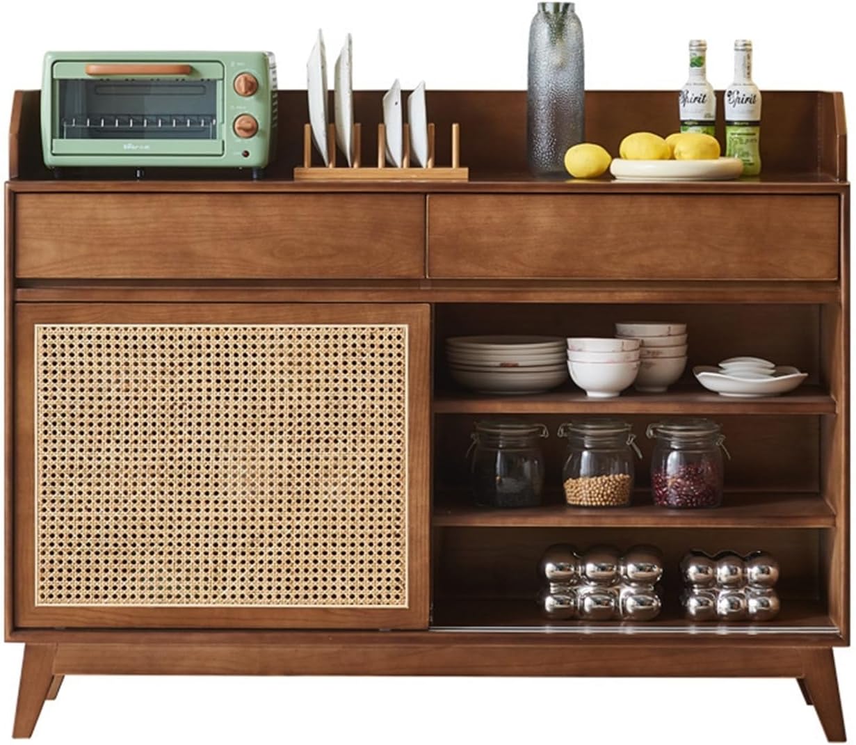 Sideboard Cabinet Solid Rattan Sideboard Ash Wood Home Entryway Double Door Storage Cabinet Console Coffee Table