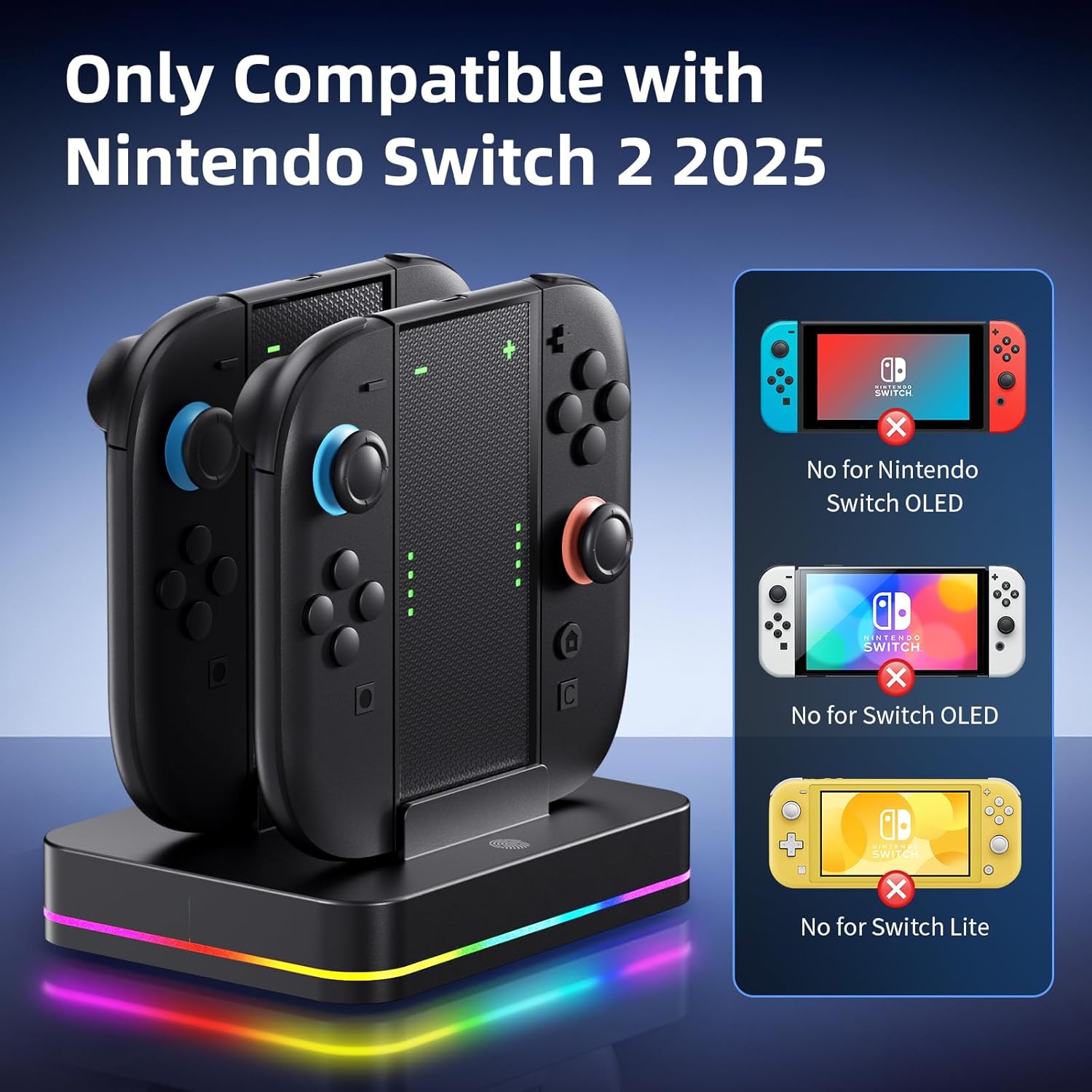 BRHE Switch 2 Controller Charger Dock Compatible with Nintendo Switch 2 2025 for Joycons with 7 RGB Light Mode, 4 in 1 Joycon Charging Dock with LED Indication - Image 2