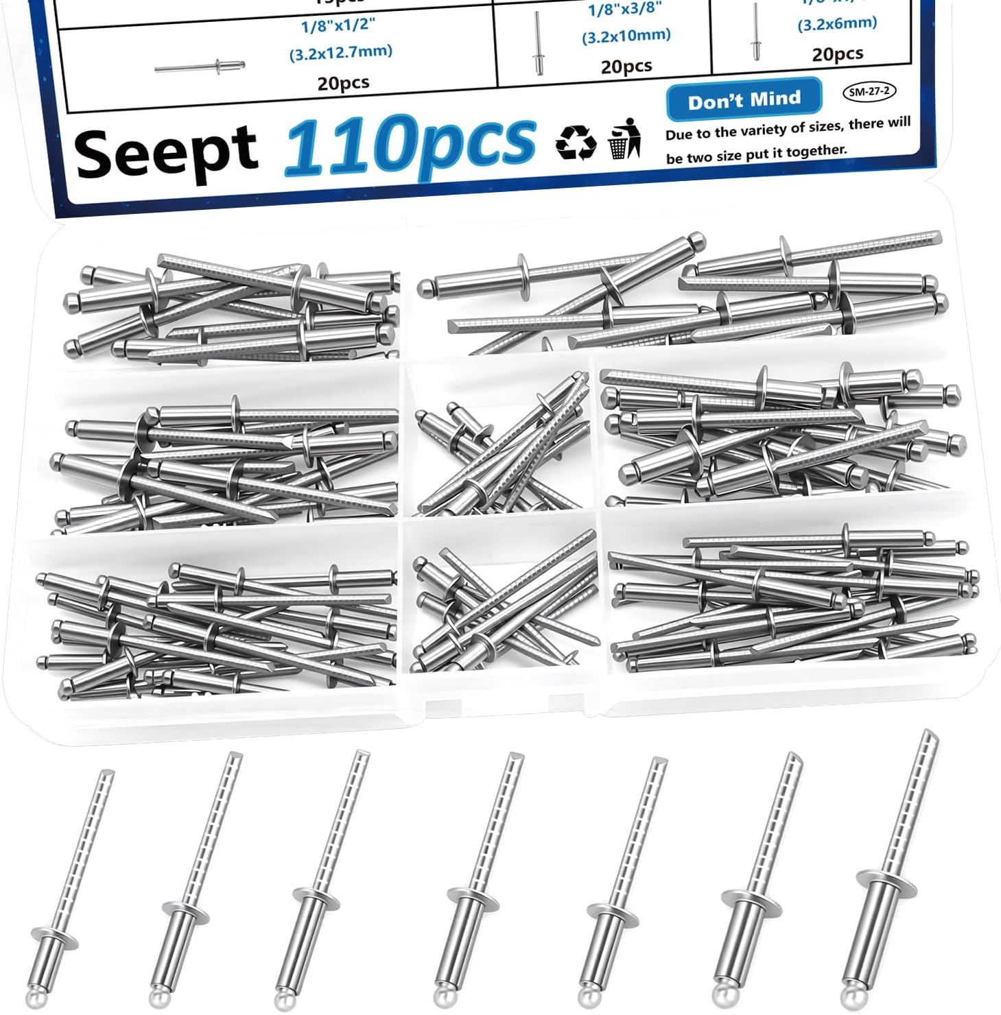 110pcs Steel Rivets 7-Sizes 304 Stainless Steel Rivets Assortment Kit 1/8",5/32",3/16" for Metal,Furniture,Automotive,Instruments
