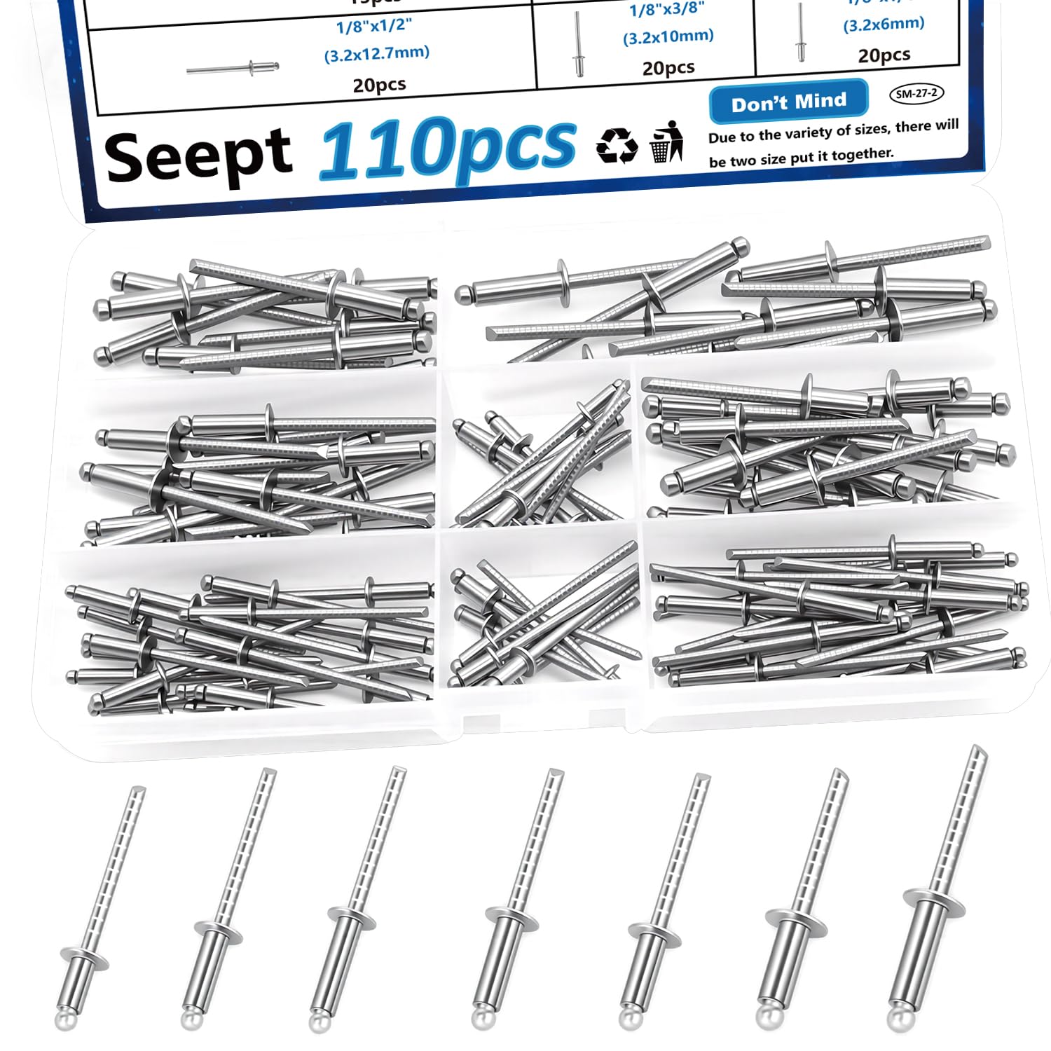 110pcs Steel Rivets 7-Sizes 304 Stainless Steel Rivets Assortment Kit 1/8",5/32",3/16" for Metal,Furniture,Automotive,Instruments