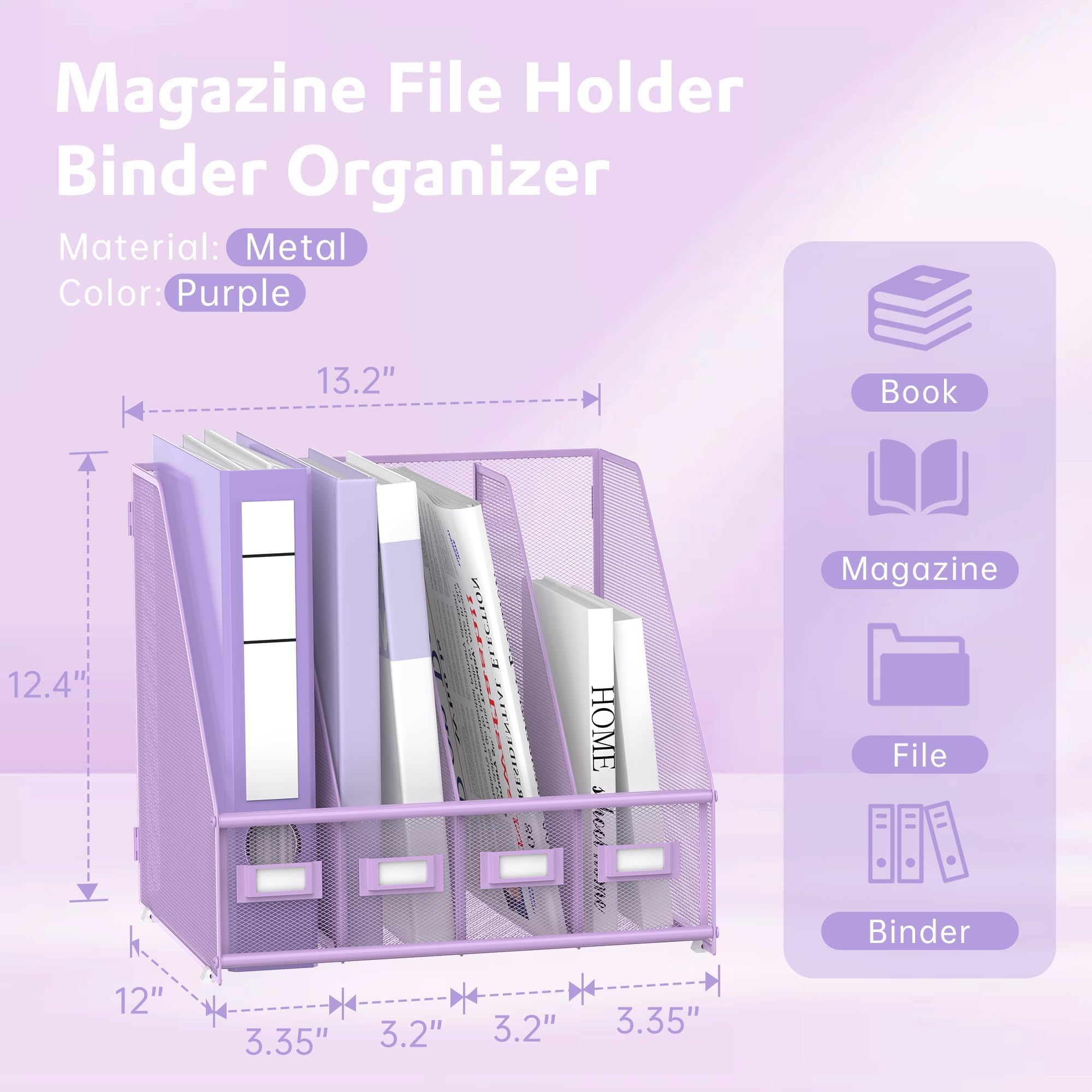 SUPEASY Magazin Datei Halter Schreibtisch Organizer, Metall Binder Halter mit 4 vertikalen Fächern für Büro Home School, Lila