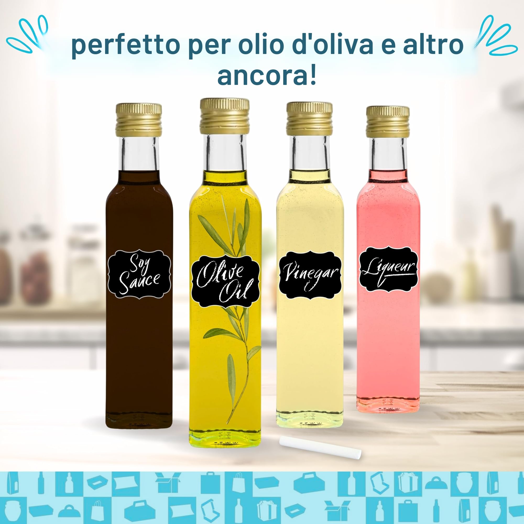 Espirito Rebelde 20 Bottiglie di Vetro 250ml con Tappo a Vite Dorato + 20 Scatole | Olio d'Oliva, Aceto, Alcool, Salse | Oliera in Vetro