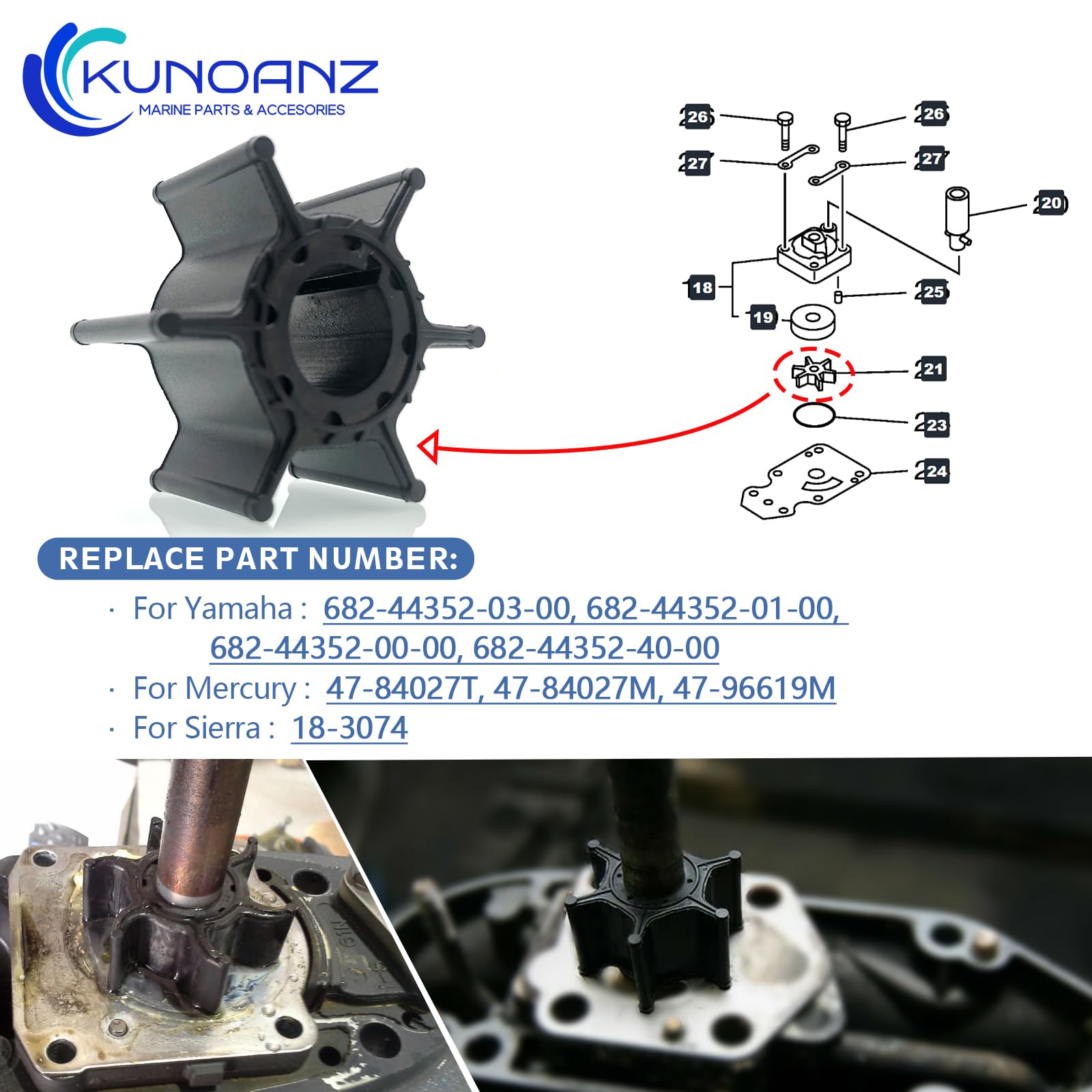 Water Pump Impeller - Yamaha Mercury Mariner 9.9-15 HP -2