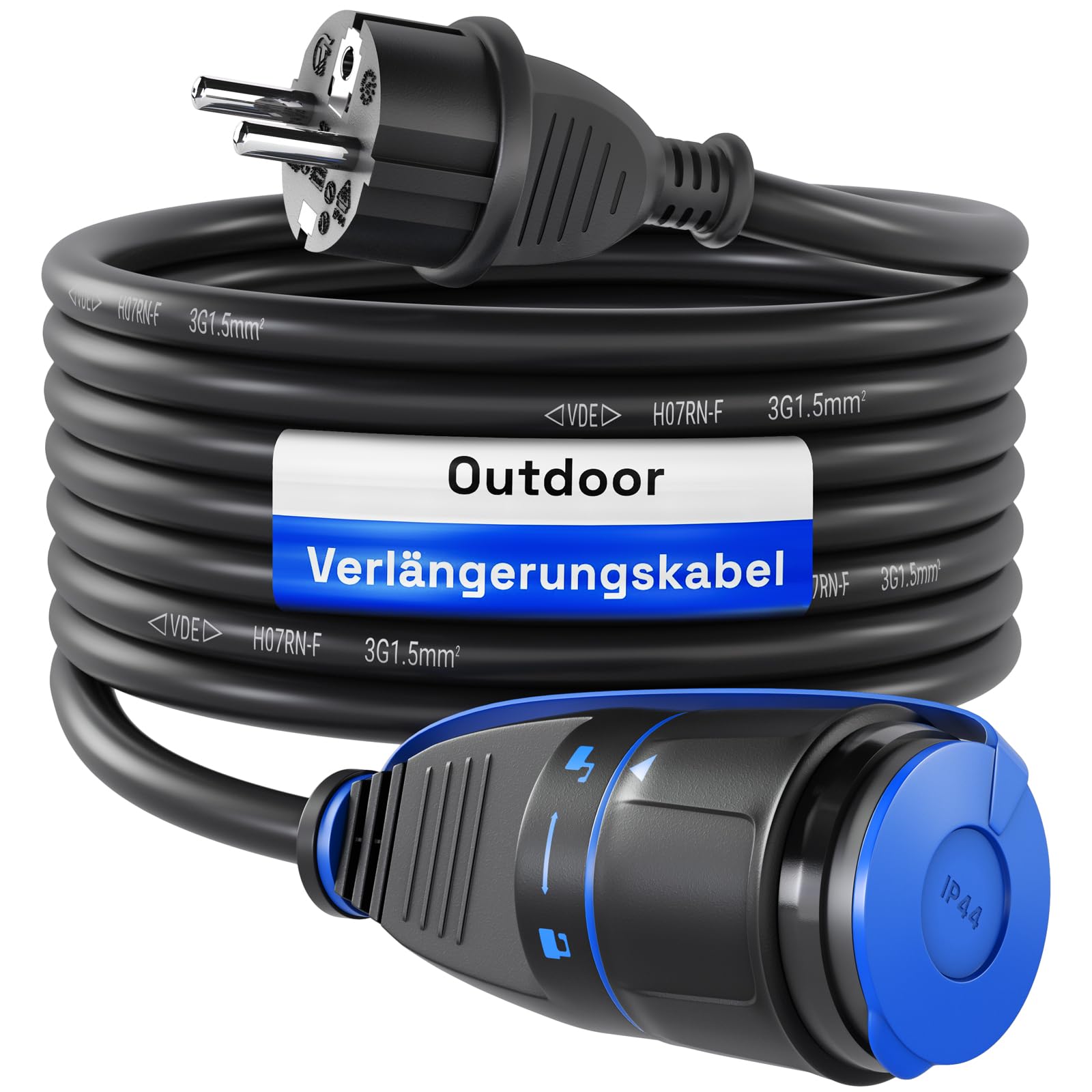 hb-digital Przedłużacz 25m z systemem blokady do użytku na zewnątrz – 250V / 16A, 3500W, HO7RN-F 1,5mm², IP44, wtyczka i gniazdo Schuko – czarny