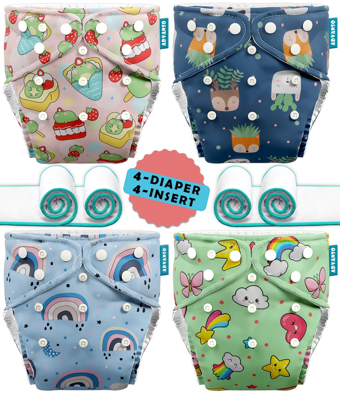 Advanso Leakage Proof cloth diapers for babies, high absorbent 4 reusable diaper 4 insert pad combo pack washable cloth diaper free size 5-18kg adjustable pocket cover 42-image-18