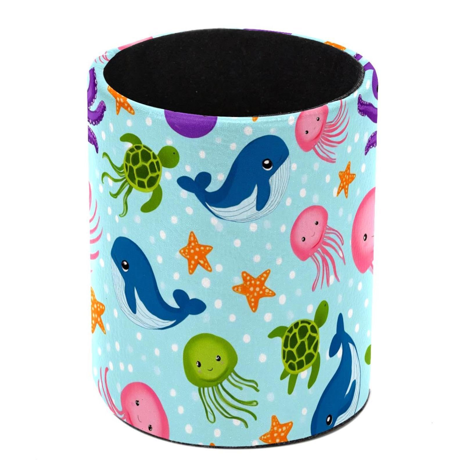 HEOEH Octopus Whale Turtles Pen Holder for Desk, PU Leather Pencil Holder Pen Cup Marker Holder Makeup Brush Holders, Desk Accessories & Workspace Organizers for Home, Office