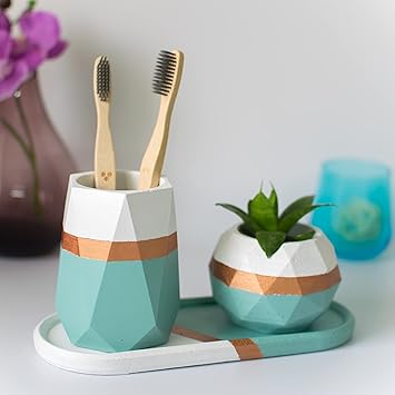 Dwell dapper | Set of 3 | Toothbrush Holder with Tray and Small Geometric Planter | Hand Crafted | Multi-Purpose Pen Holder or Organizer | Made of Concrete | Teal & White with Bronze Stripe