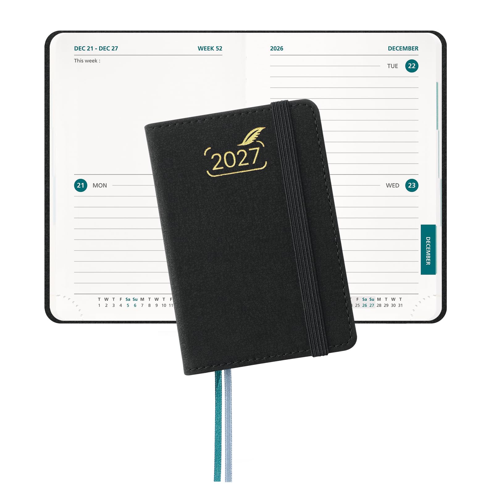 BEZEND Mini Diary 2027 12 x 8 cm, 2 Days per Page (4 Pages 1 Week) to View