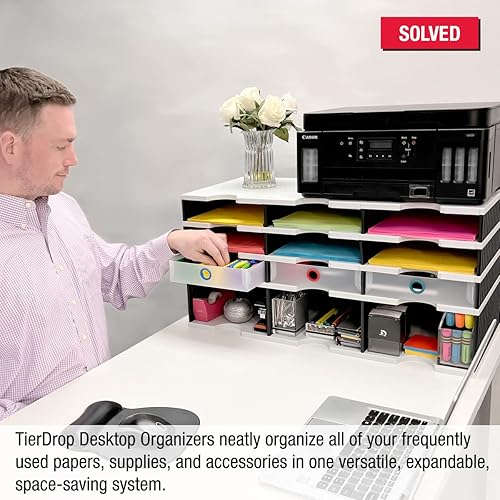 Miniatura 3 de Organizador de escritorio clasificador de bandejas de 9 letras más base de almacenamiento elevadora y 3 cajones de suministro. TierDrop PLUS