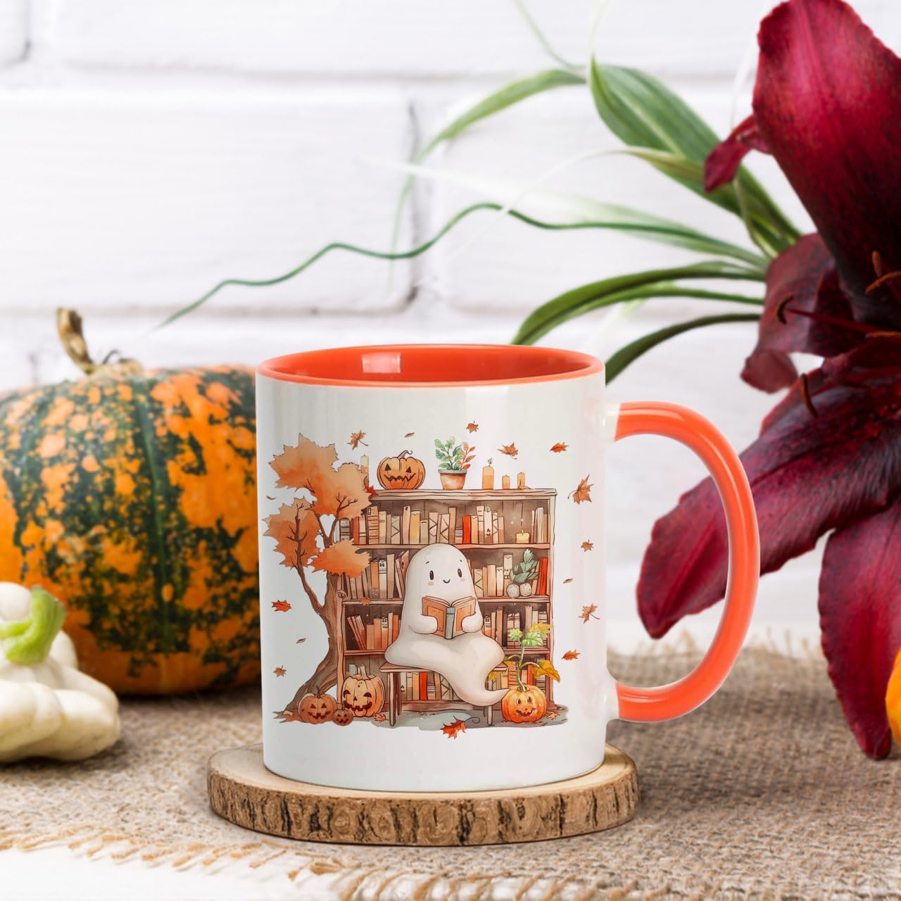 Hyturtle Fall Coffee Mug, Cute Ghost Reading Book Mug, Maple Leaves Pumpkin Autumn Gifts For Men Women On Birthday Thanksgiving Christmas, Book Lovers Gifts, 11oz White Orange Ceramic Coffee Tea Cup - Image 2