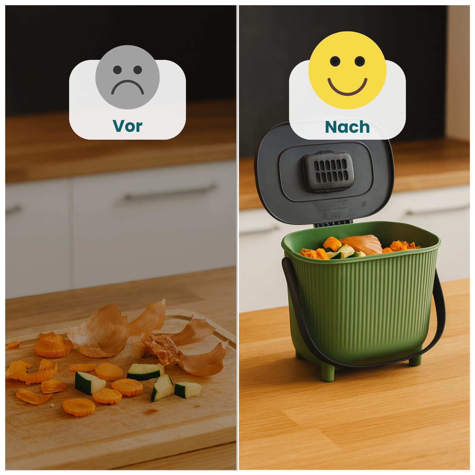 Secchio per compost biologico da 10 l con coperchio, filtro ai carboni attivi e maniglia per il trasporto, salvaspazio e inodore per cucina, riciclabile, verde con coperchio grigio, Kamai Home