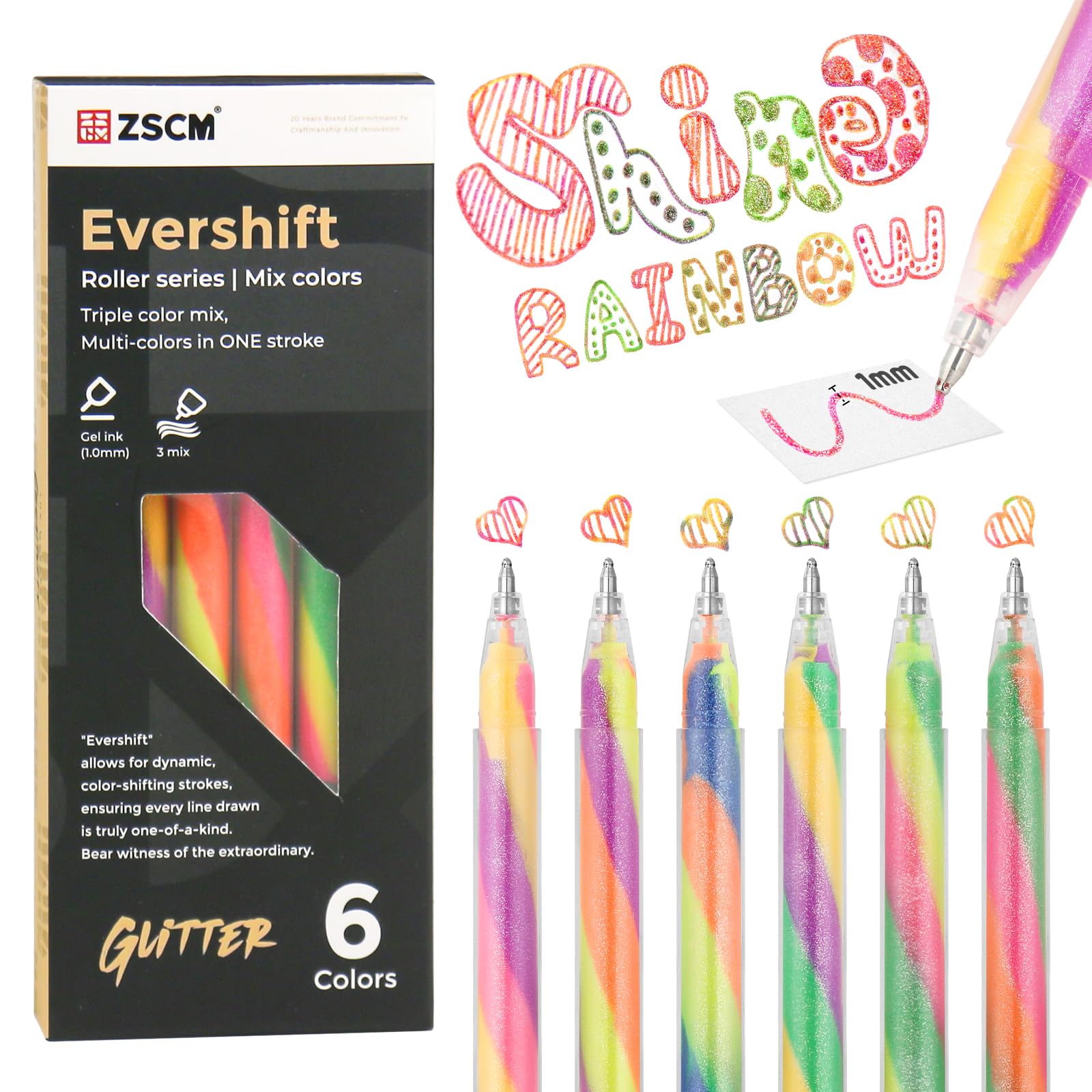 ZSCM 6 Pack Mixing of 3 Colors Magic Rainbow Glitter Gel Pens, Larger Capacity Color Changing Pen, Kawaii Fun Pen for Women Doodling Scrapbooking