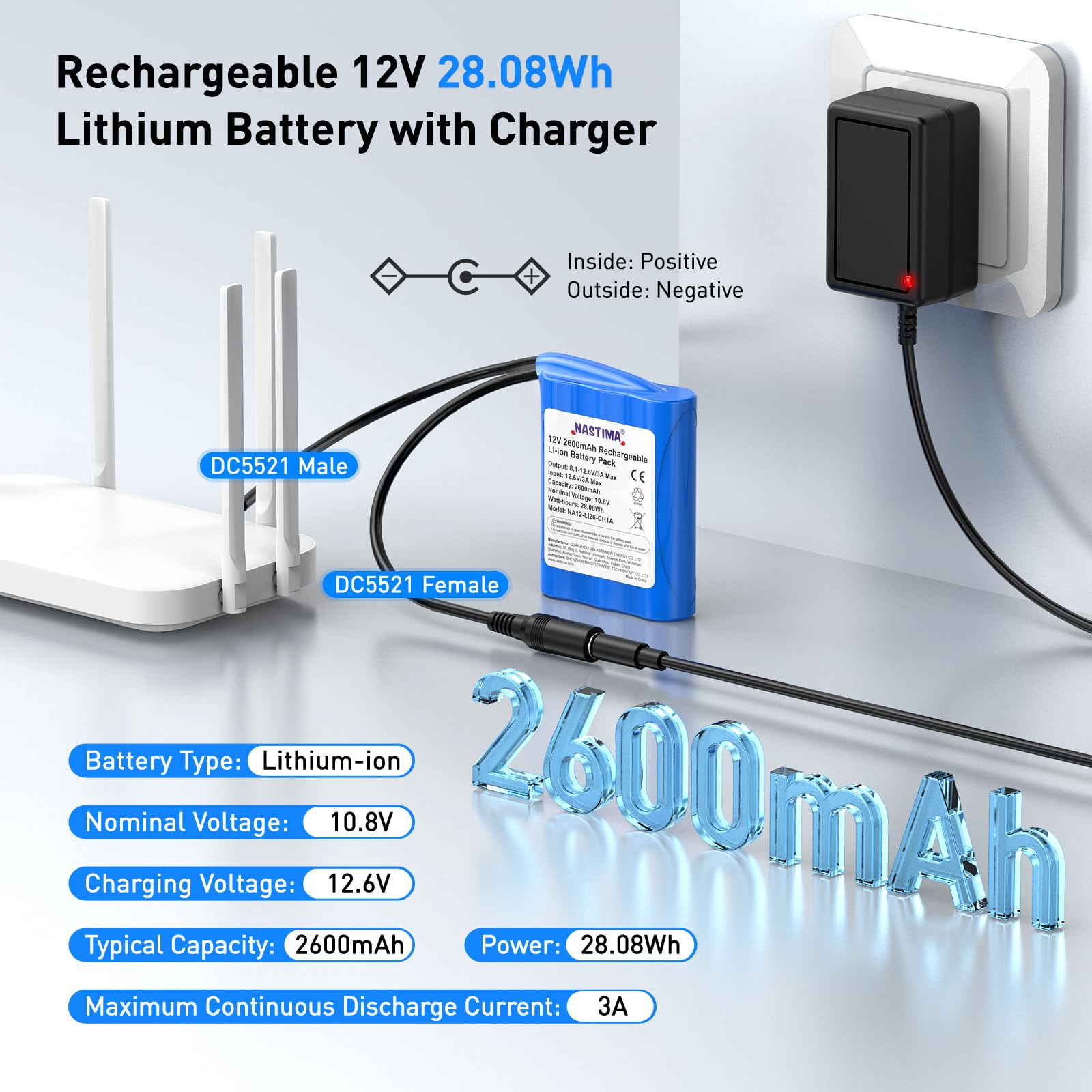 NASTIMA 2600mAh 28,08Wh 12V Batterie Lithium-Ion Rechargeable Adaptée aux Appareils Photo, Caméscopes, Lecteurs MP3, Claviers Électroniques, Routeur, Radio, etc. Chargeur et Connecteur Inclus