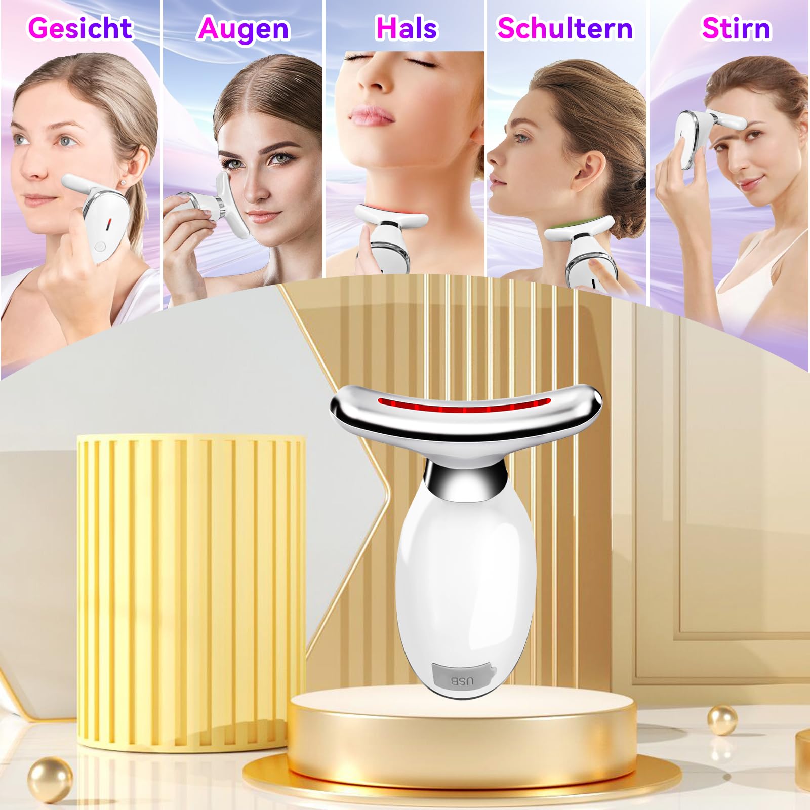 Elektrisches Gesichtsmassagegerät, Gesichtsmassagegerät gegen Falten, Rotlichttherapie-Gesichtsstraffungsgerät, Hautverjüngungs-Schönheitsgerät, Anti-Falten-Nacken für Hautstraffung & Lifting