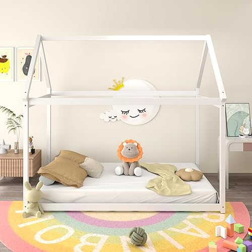 Miniatura 18 de KOMFOTT Marco de cama individual para niños, plataforma de madera maciza para niños con techo y múltiples listones, marco de cama para niños