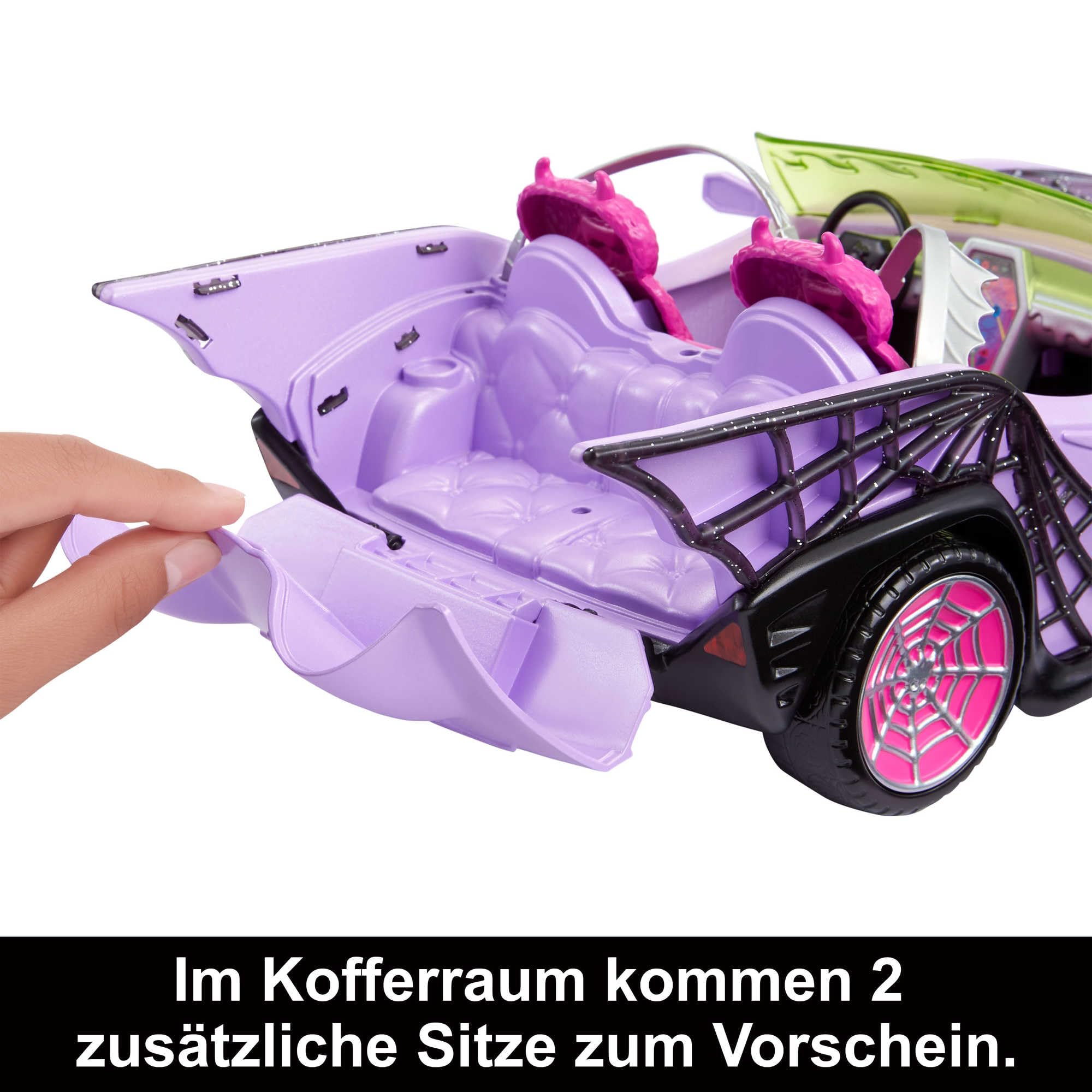 Monster High Ghoul Mobile - Lilafarbenes Cabrio mit schillernden Spinnennetzen, plüschigem Innenraum und Eiskühler in Sargform, Platz für 4 Puppen, Puppen Nicht enthalten, HHK63