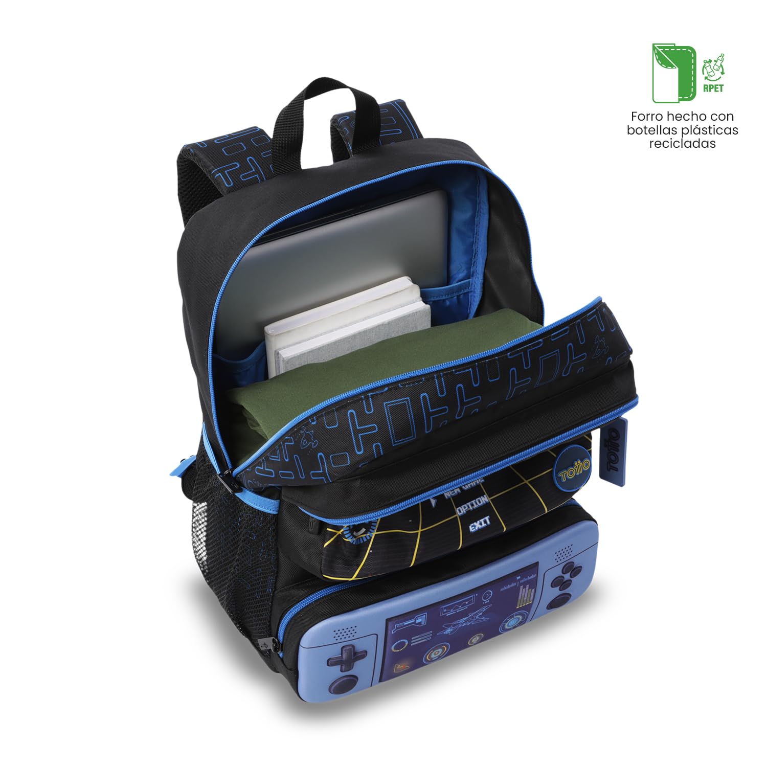 TOTTO - Mochila Escolar, Modelo Vortex M, Mochila Mediana, Capacidad 18L, 2 Compartimentos Delanteros, Bolsillos Botella, Organizador Interno, Correas Acolchadas, Resistente, Estampado Negro