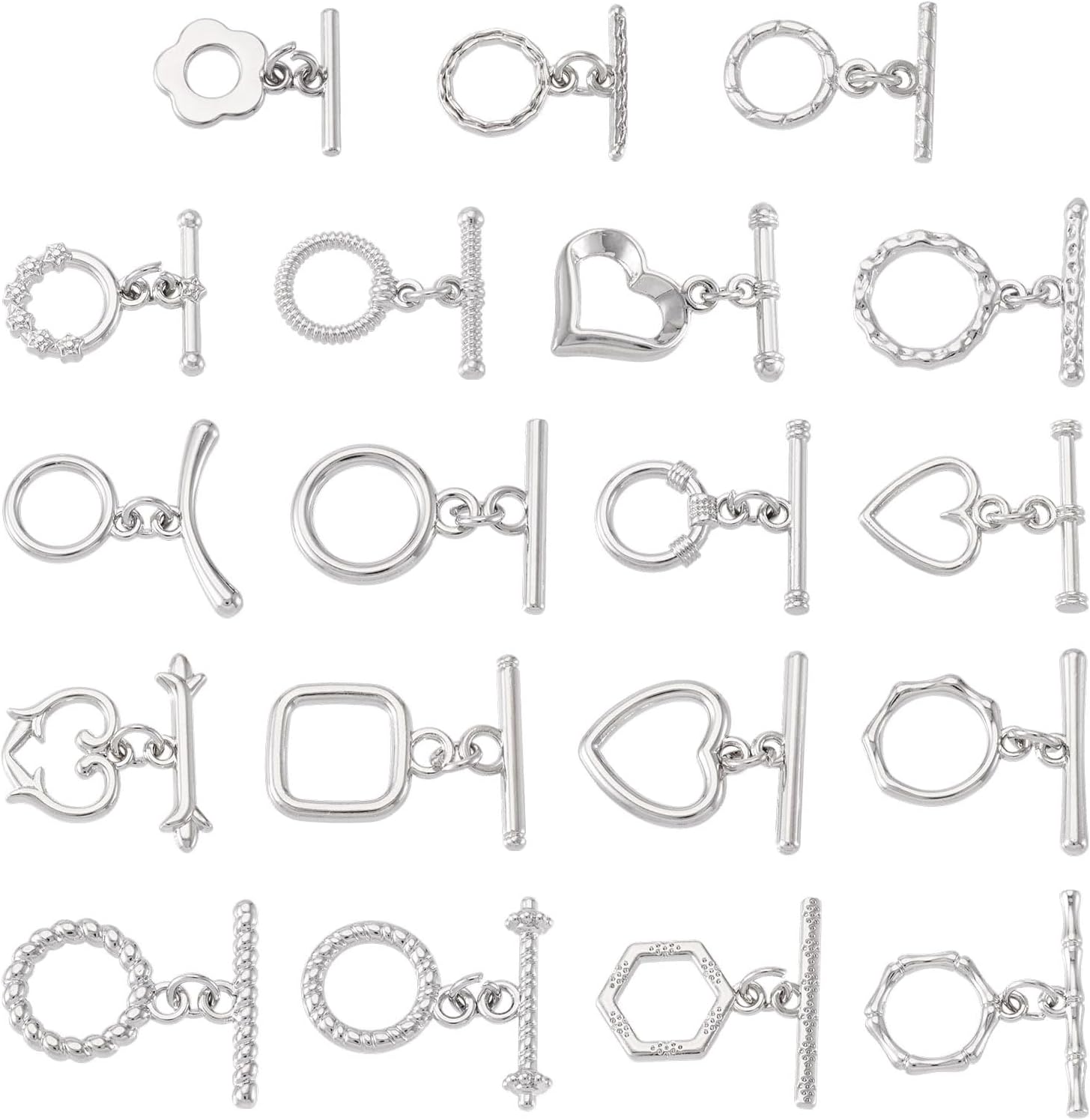 Craftdady 38pcs Toggle Jewelry Clasps Heart Ring Flower Necklace Bracelet Toggle Clasps Platinum Connectors Metal Bar T-Bar Closure for DIY Craft Jewelry Making 12.5-18.5 mm